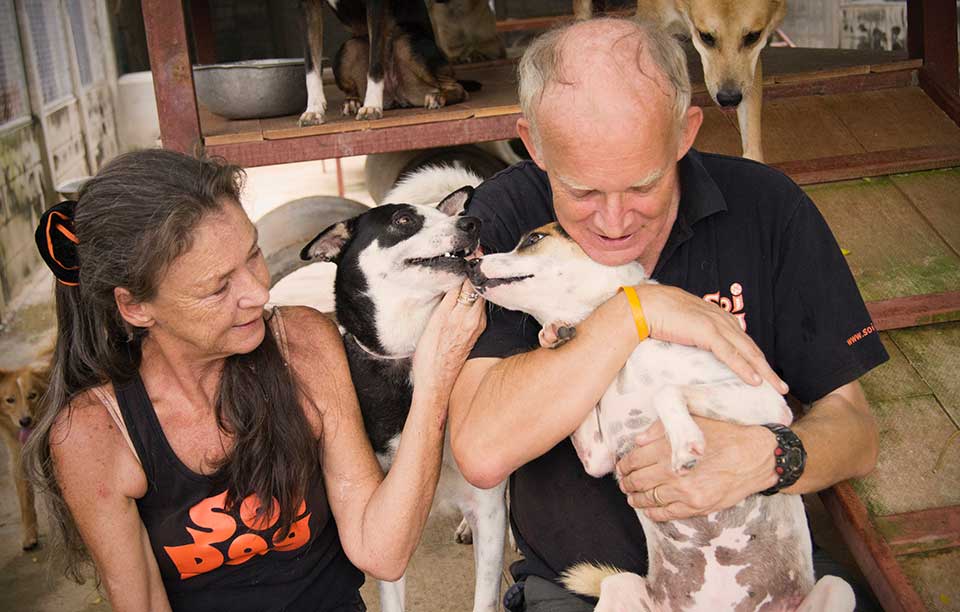 John and Gill pictured at the Soi Dog shelter with rescued dogs 