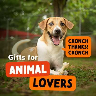 Happy dog playing outdoors, promoting gifts for animal lovers. Text reads: 'Gifts for Animal Lovers. Cronch Thanks! Cronch.